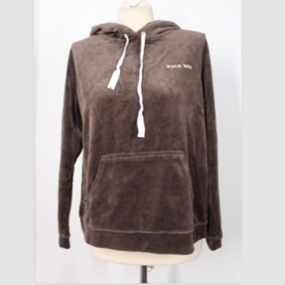 Hale Bob L Brown Velvet Velour Hooded Kangaroo Pocket Sweatshirt Top